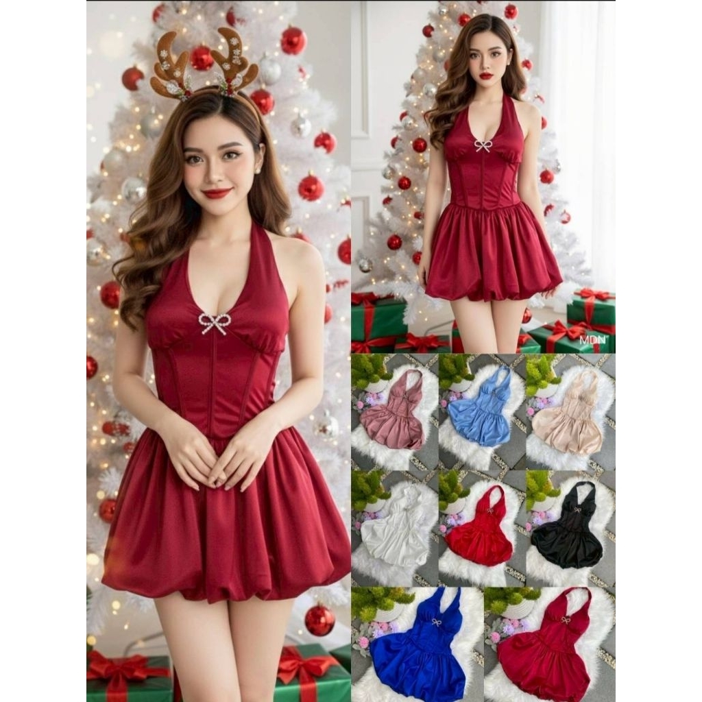 MDN.มินิเดรสคล้องคอ กระโปรงบอลลูน ผ้าซาตินกลิตเตอร์เงาลื่น 