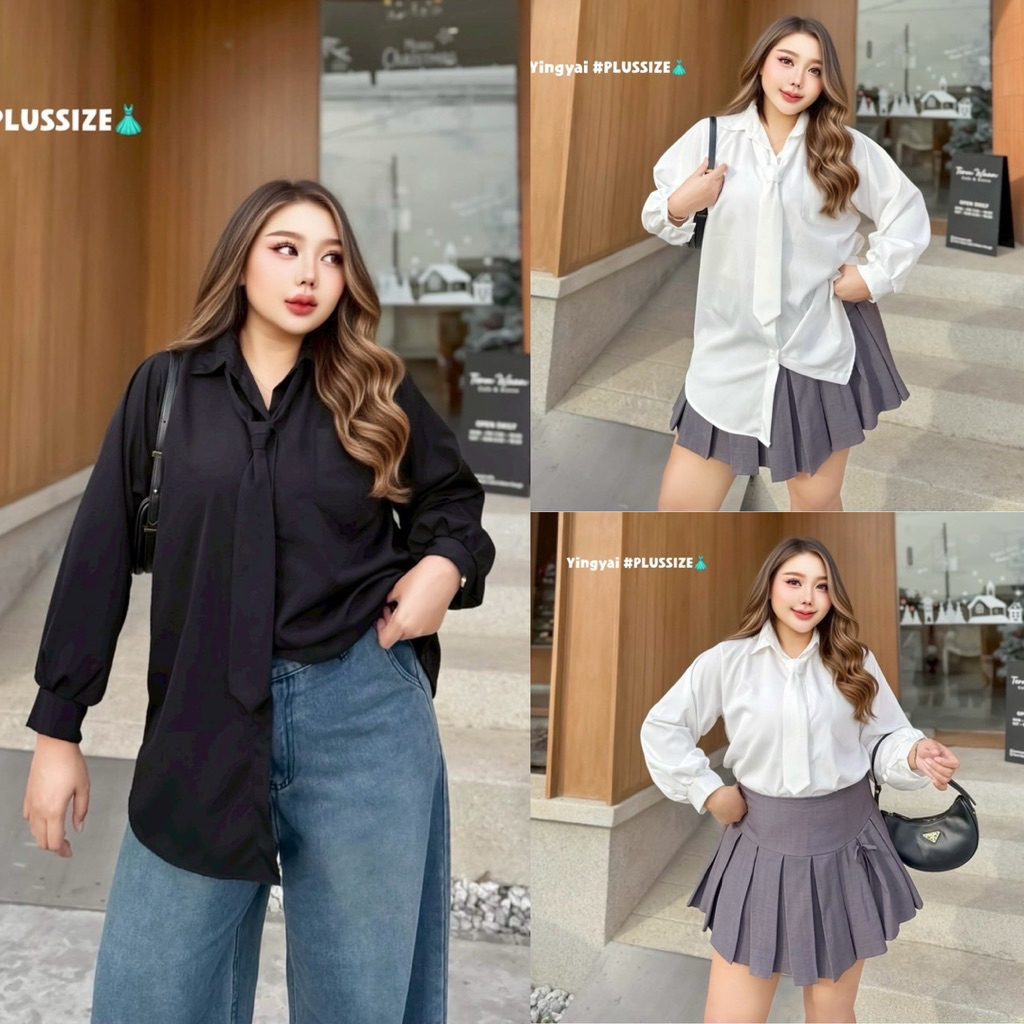 /YY/ เสื้อเชิ้ตเนกไทสาวอวบ ไซส์อก40-50 เรียบแบบมีอะไร แมทช์ง่ายทั้งกางเกงและกระโปรง แต่งได้ทุกลุค #ไซส์ใหญ่ พลัสไซส์