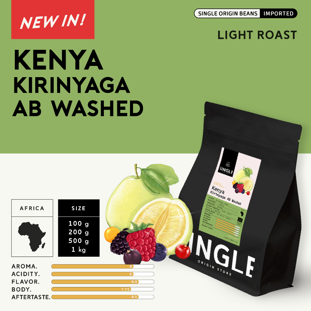 (Flash Sale รอบคั่ว 8/5/2026 ขนาด 100-200g) เมล็ดกาแฟคั่วอ่อน Kenya Kirinyaga AB Washed (Specialty Coffee)