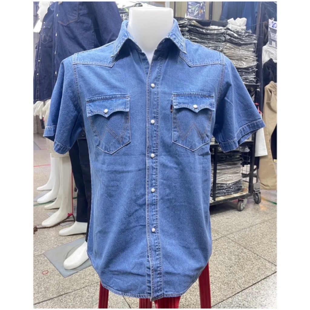 เสื้อยีนส์แขนสั้นผู้ชาย กระดุมมุก S-6XL แขนสั้น / แขนยาวถ่ายจากสินค้าจริง ส่งฟรีมีปลายทาง