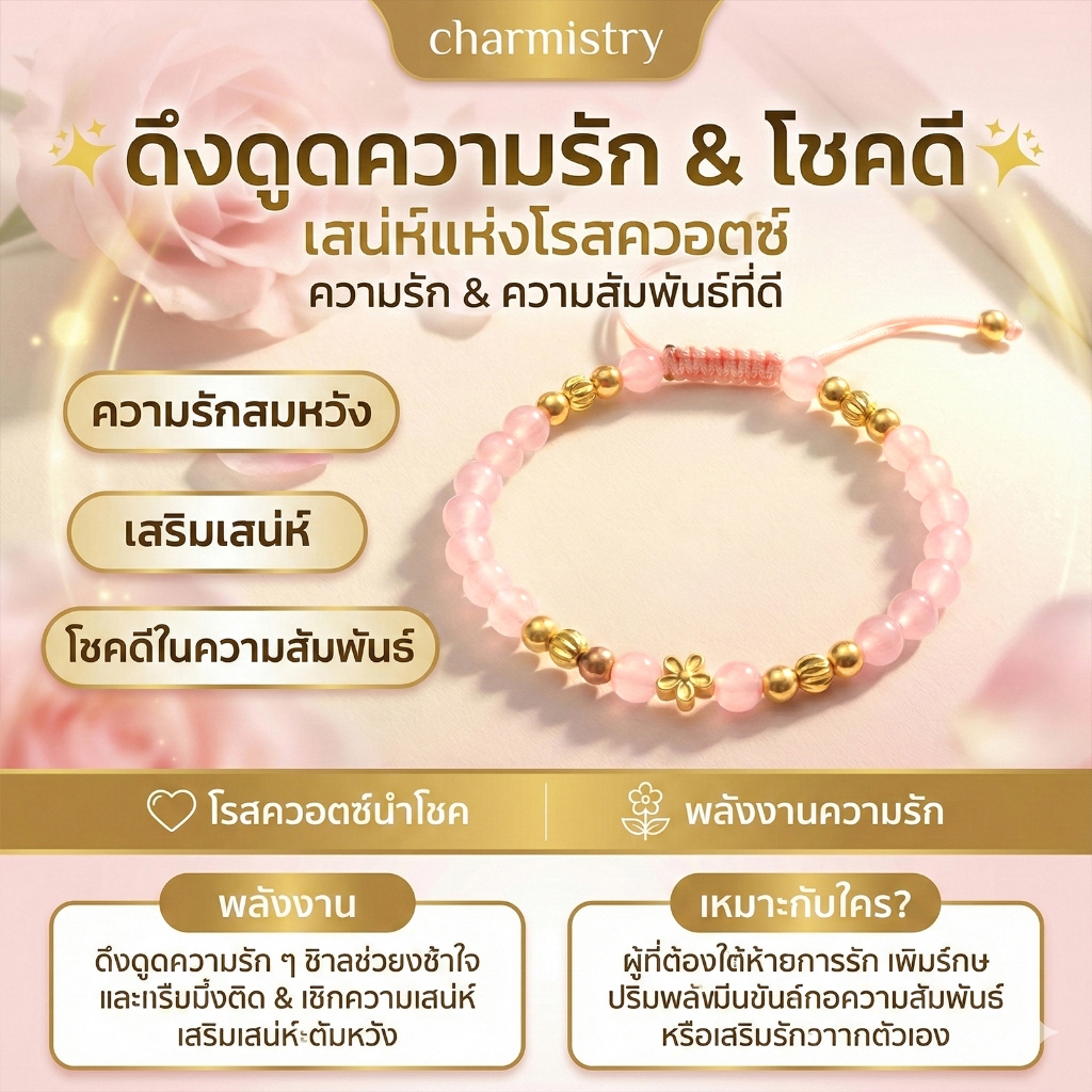 สร้อยข้อมือหินแท้ ขนาด 6มม. ลูกปัดแคทอายสีชมพู จี้ดอกไม้ทอง ปรับขนาดได้ เสริมความรักและโชคลาภ  (มีกล่องของขวัญ)