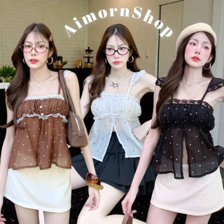 🔥aimorn_shop🔥เสื้อสายเดี่ยว ลายจุด ผ้าบาง ขอบติดลูกไม้น่ารักๆ ด้านหน้าแหวกเพิ่มความเซ็กซี่ งานใส่สบาย