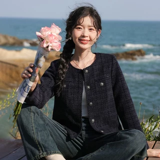 อ๊อฟ ขาว Blazer เสื้อทวิต ผู้หญิง สไตล์คุณหนู มีซับในตัว เสื้อคลุม งานสวยหรูหรา กระดุมผ่ากลาง แขนยาว