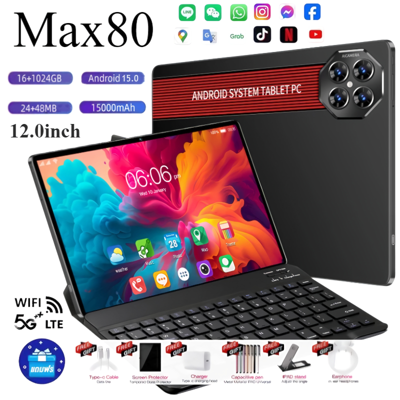 【ซื้อ 1 แถม 6 คีย์บอร์ด】UODEGA แท็บเล็ตพีซีใหม่ Max80 Tab 12.0 นิ้ว 5G พร้อม RAM16GB ROM1024GB กล้อง