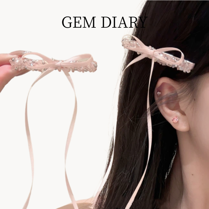 GEM DIARY ส่งเร็ว โบว์ริบบิ้นกิ๊บติดผมสีชมพูหวานเพชรกิ๊บติดผมโบว์ริบบิ้นด้านข้างปากเป็ดคลิปปักผมปักผม