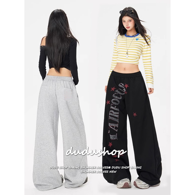 [Hip-hop printed wide-leg pants]กางเกงขากว้างลำลองสไตล์สปอร์ตพิมพ์ลายสไตล์ฮิปฮอปย้อนยุคสำหรับผู้หญิง