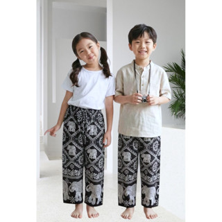 INTERกางเกงขายาวเด็ก ลายช้างมีไซส์ S M L XL  ผ้าไหมอิตาลี