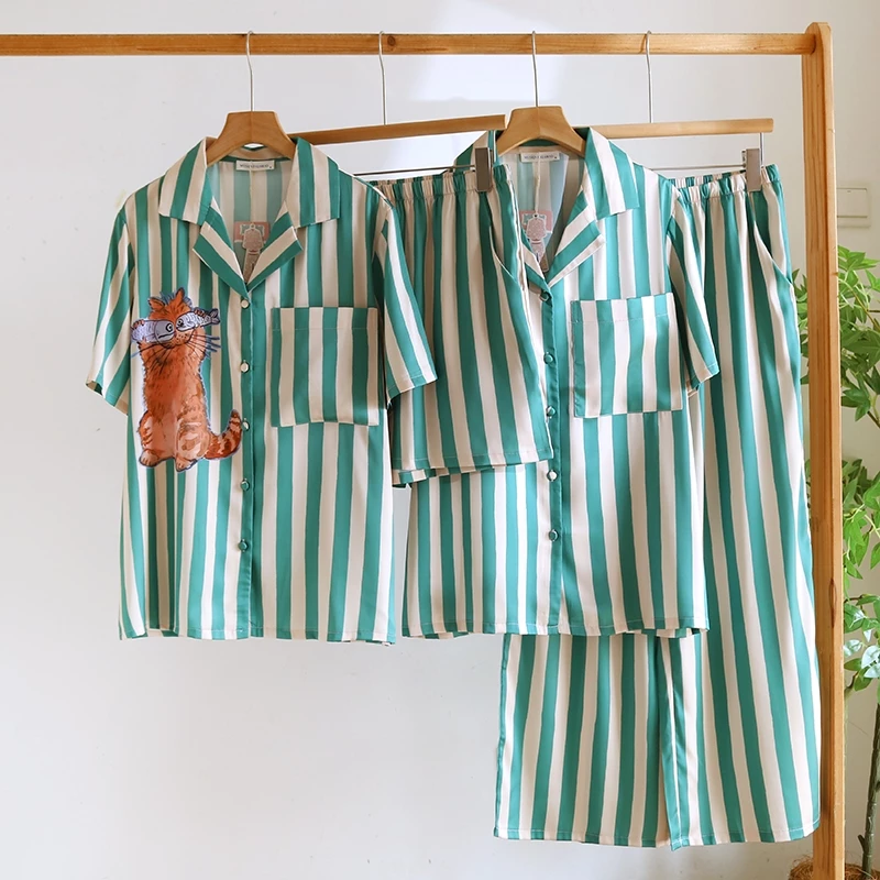 Muslin Pajamas Silk Satin รุ่น Fishy Feline (N5169 T5169) | ชุดนอนแม่ลูก