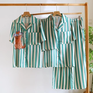 Muslin Pajamas Silk Satin รุ่น Fishy Feline (N5169 T5169) | ชุดนอนแม่ลูก