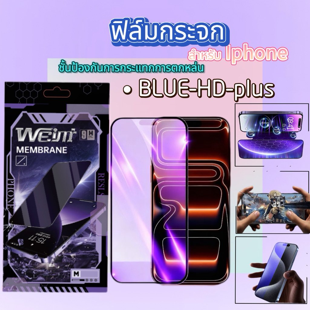 🔥 ฟิฟิล์มกระจกนิรภัยถนอมสายตา HD-Plus/blue เต็มจอ 🔥 For IPhone 17 17AIR 17pro 17promax 16pro 15pro 14pro 13 XR