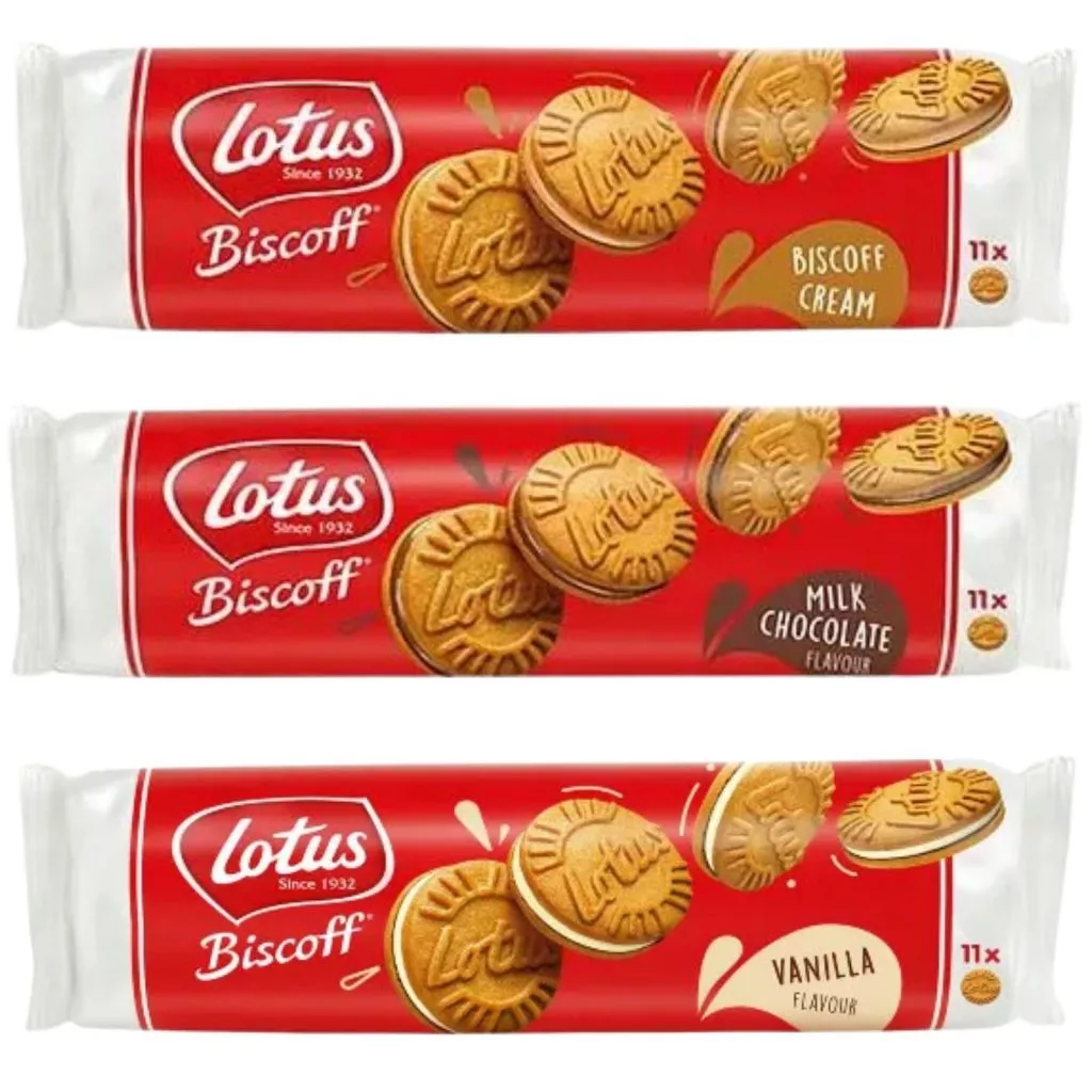 Lotus Sandwich Biscuit แซนวิชคุ้กกี้ ขนาด 110g มี ทั้งหมด 11 ชิ้น มี 3 รสชาติ
