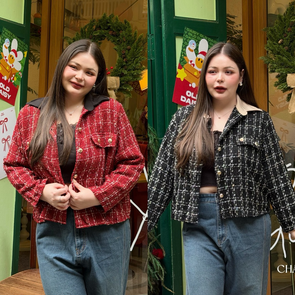 เสื้อคลุมแขนยาวผ้าทอทวิต กระดุมมุขสุดหรู ดูแพง สาวอวบ ไซส์ใหญ่ อก40-52นิ้ว