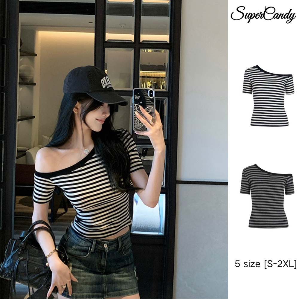 SuperCandy🌷เสื้อยืดแขนสั้นเปิดไหล่สำหรับผู้หญิง ทรงหลวม ช่วยให้ดูผอมเพรียว เสื้อเปิดไหล่สุดเก๋
