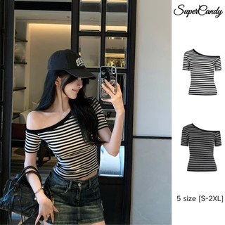 SuperCandy🌷เสื้อยืดแขนสั้นเปิดไหล่สำหรับผู้หญิง ทรงหลวม ช่วยให้ดูผอมเพรียว เสื้อเปิดไหล่สุดเก๋