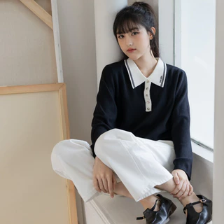 (พร้อมส่ง) avo เสื้อสเวตเตอร์โปโลผ้าไหมพรมคอปกทูโทน avo kalen polo shirt