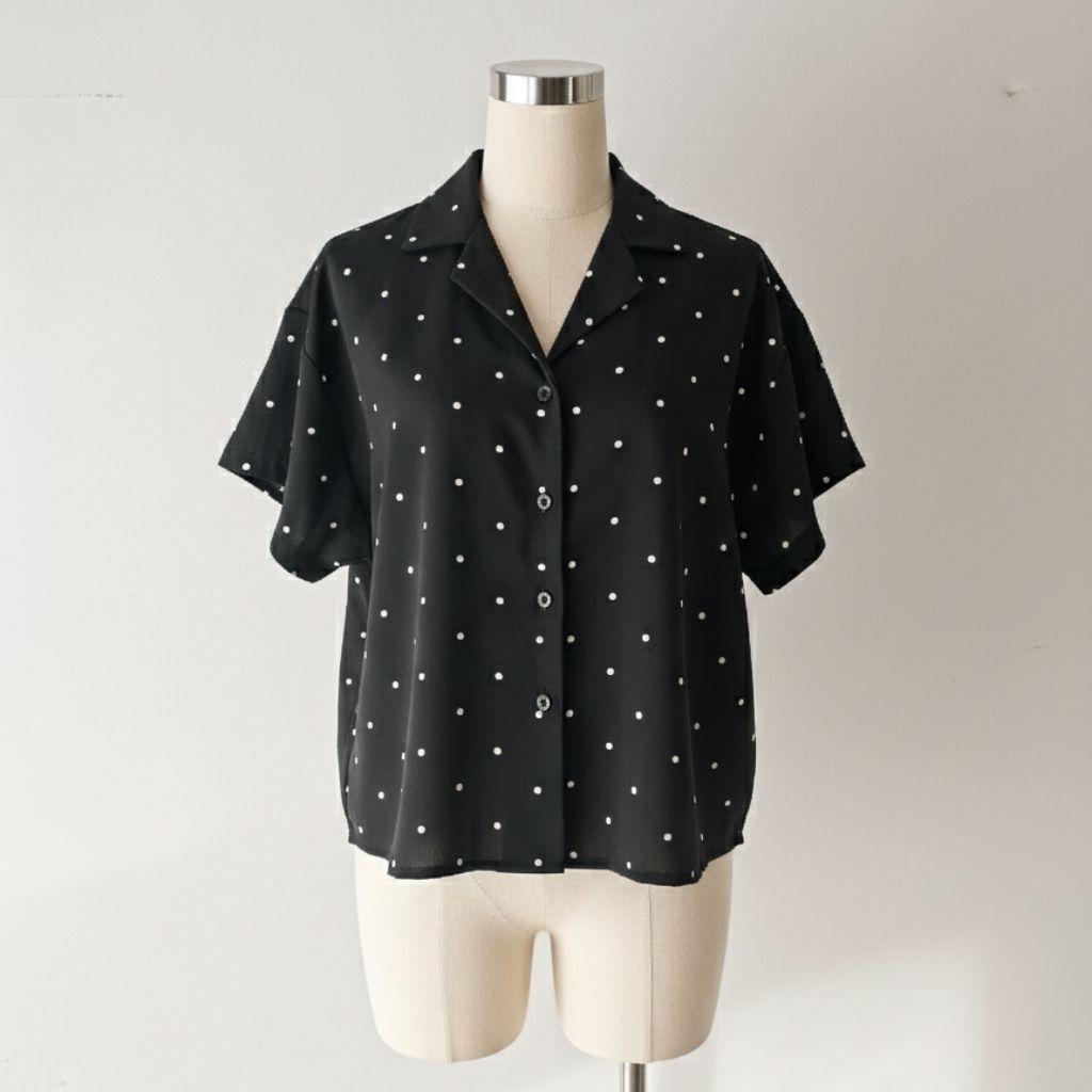RUCHI ✨ พร้อมส่งในไทย ✨ เสื้อลายจุด เสื้อสีดำ เสื้อแขนสั้น เสื้อทำงาน เสื้อไม่ต้องรีด น่ารัก เสื้อดำ