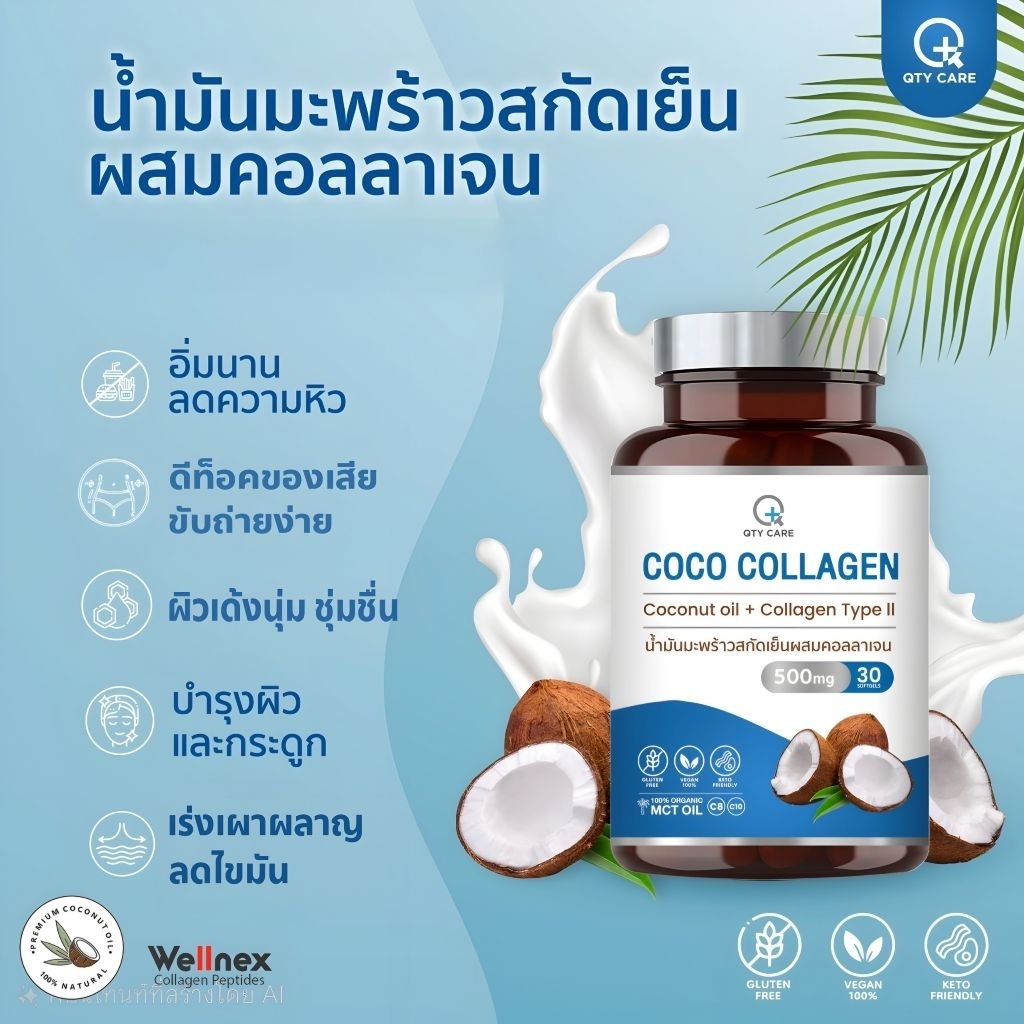 QTYCARE Coco Colla 🥥โคโคคอลล่า​ น้ำมันมะพร้าว+คอลลาเจน​(30เม็ด)