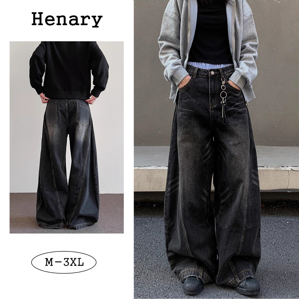 Henary กางเกงยีนส์ผู้ชาย สไตล์อเมริกันวินเทจ ขาโค้ง ทรงหลวม สีดำ กางเกงขายาวผู้ชาย baggyjeans M-3XL