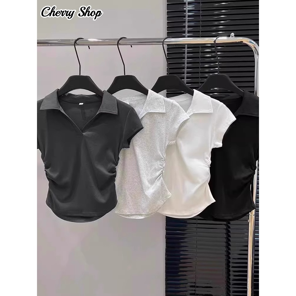 cherryshop พร้อมส่ง เสื้อยืดผู้หญิง เสื้อยืดคอโปโล แขนสั้นรัดรูป ดีไซน์จับจีบ เรียบร้อย หลากสี