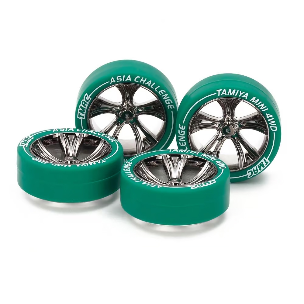 95686 Tamiya Mini 4WD Jr Lp Tire/A-Spoke Wheel Set Sm Dia/Black Plated Asia Challenge