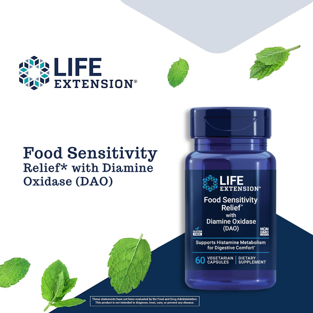 Life Extension 60 แคปซูล สมรรถนะอาหาร DAO สำหรับความไวต่ออาหาร