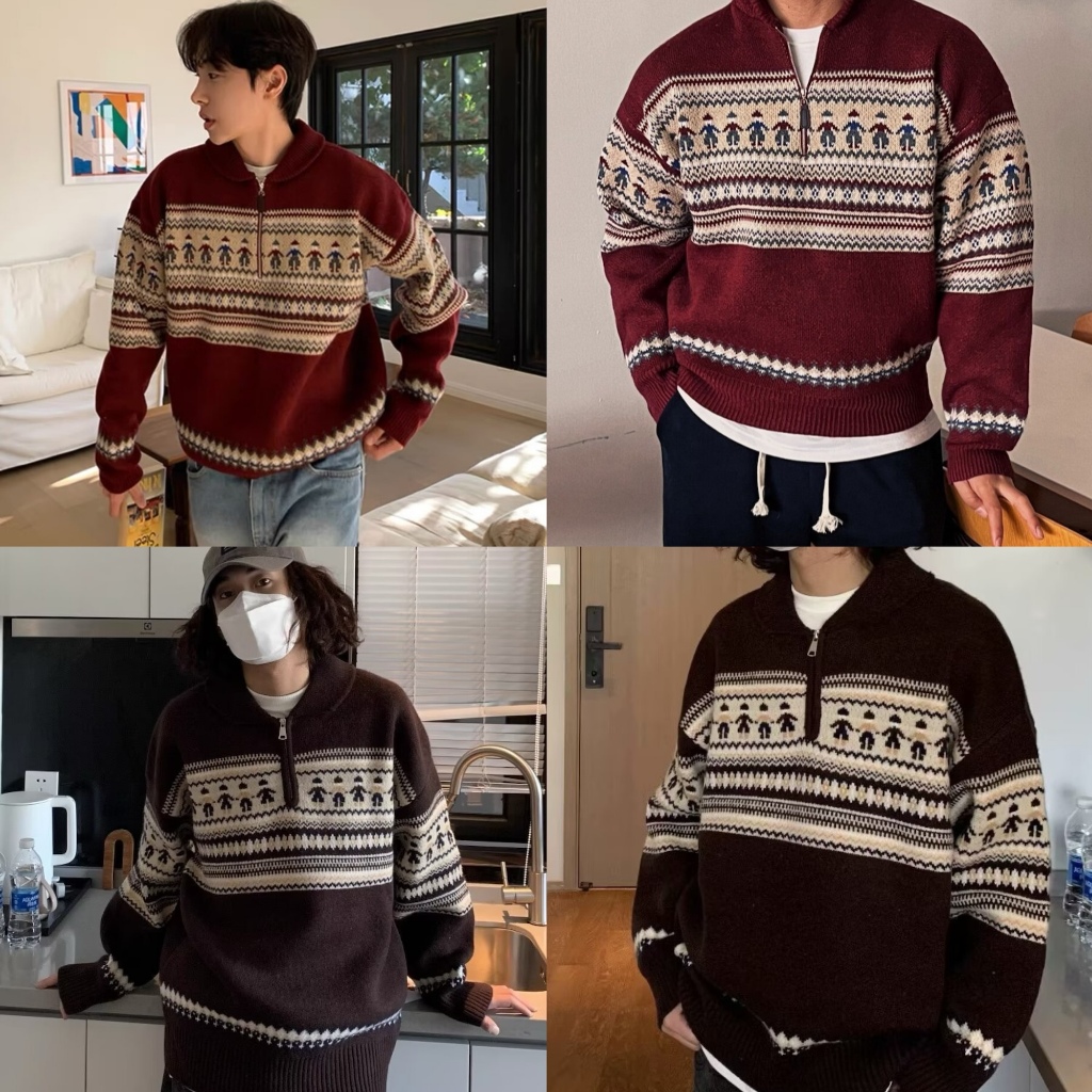 เสื้อคอปกไหมพรมคริสต์มาส รุ่นมีซิป เสื้อกันหนาวแขนยาว ผ้าหนาไม่บาง C65
