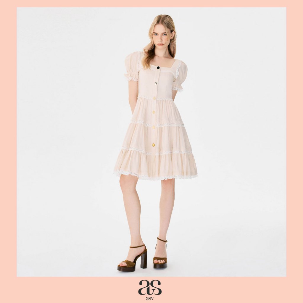 [asv aw25] Erin Puff Sleeve Dress เดรสคอเหลี่ยมยางยืดแต่งระบาย แขนตุ๊กตา กระโปรงทรงเอ ดีเทลรูดระบาย แทรกลูกไม้ ซิปหลัง