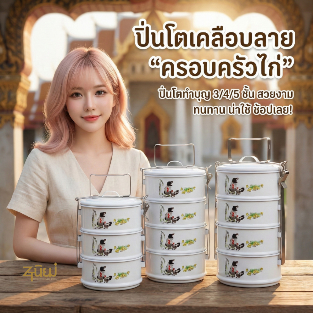 ปิ่นโตZTนิยม ปิ่นโตเคลือบลายไก่ ปิ่นโตทำบุญ ลายไก่คลาสสิค 3/4/5ชั้น แข็งแรงทนทาน พร้อมส่งTH