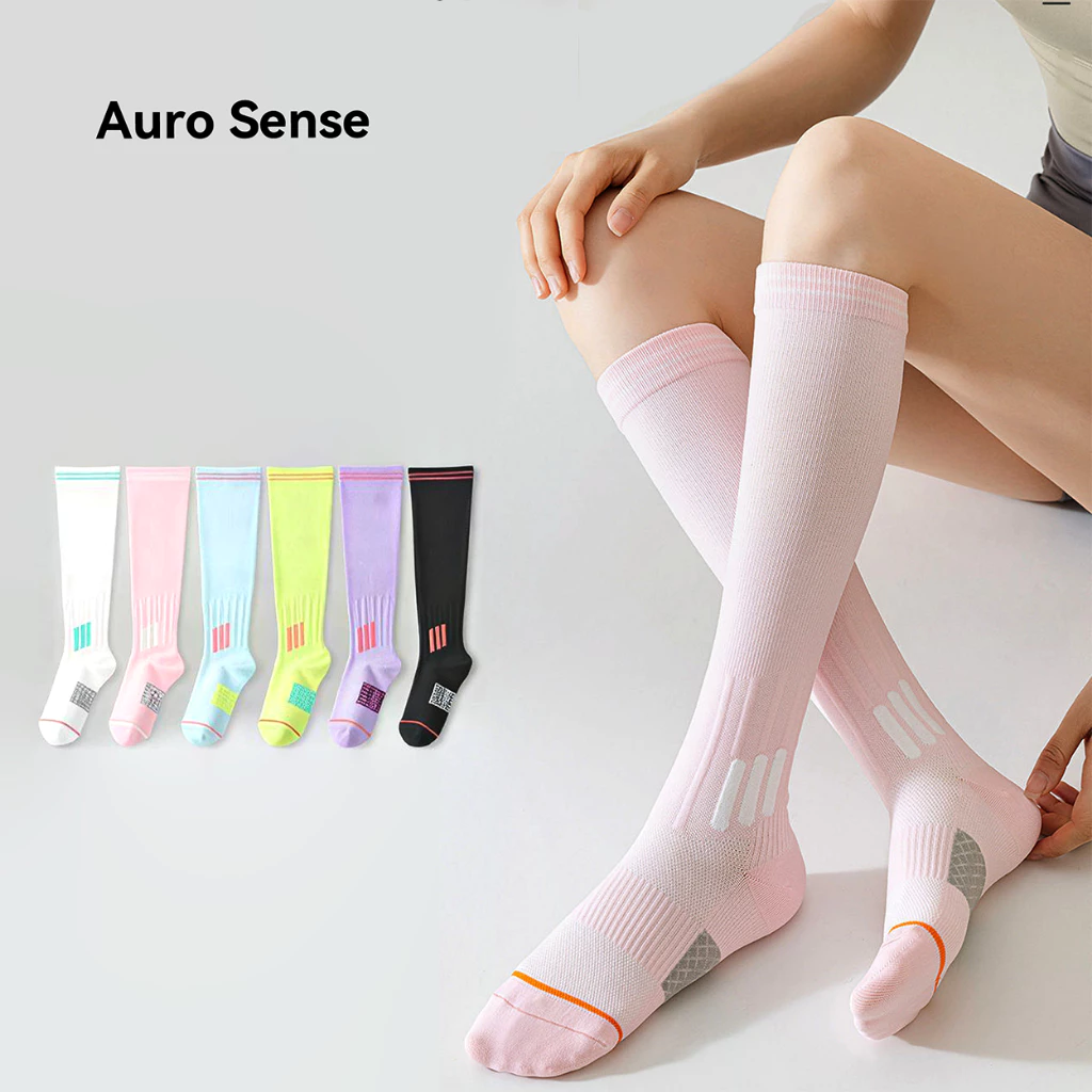 Auro Sense ถุงเท้ากีฬาแบบยาว บีบกระชับ ซัพพอร์ตน่อง ลดอาการล้า สีสันสดใส เหมาะสำหรับ วิ่ง ฟิตเนส