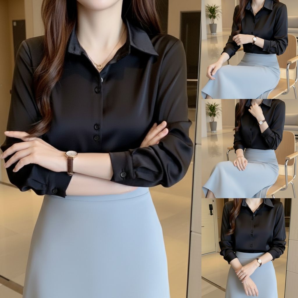 KT02เสื้อเชิ้ตผู้หญิงกระดุมคู่  สีดำ เสื้อเชิ้ตคอปกแขนยาวใส่เที่ยว ใส่ทำงาน เนื้อผ้าไหมอิตาลี่ รีดง่ายสวมใส่สบาย