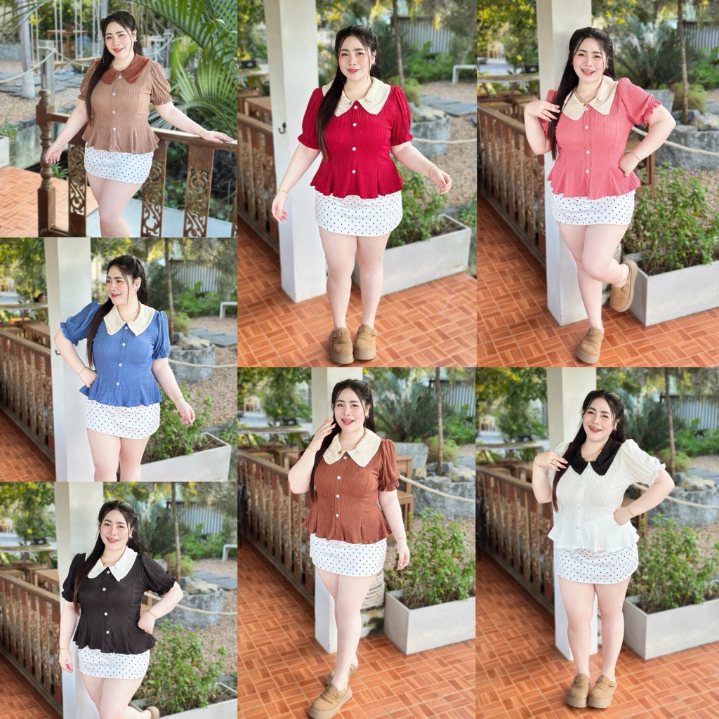 เสื้อสาวอวบ อก38-46 แต่งคอบัว2ชั้น แต่งกระดุมหลอก เอวเว้าเข้าสัดส่วน ชายระบาย ผ้าท็อฟฟี่ใส่สบายไม่คัน(A26)