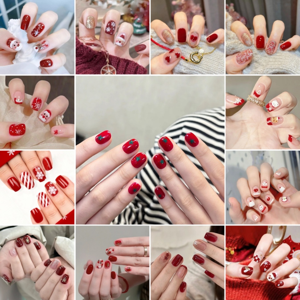 CICI 3051 ดาวสวย เล็บปลอม คริสมาสต์ ปีใหม่สีแดง แฟชั่นเล็บปลอม กันน้ำ 24 ชิ้น