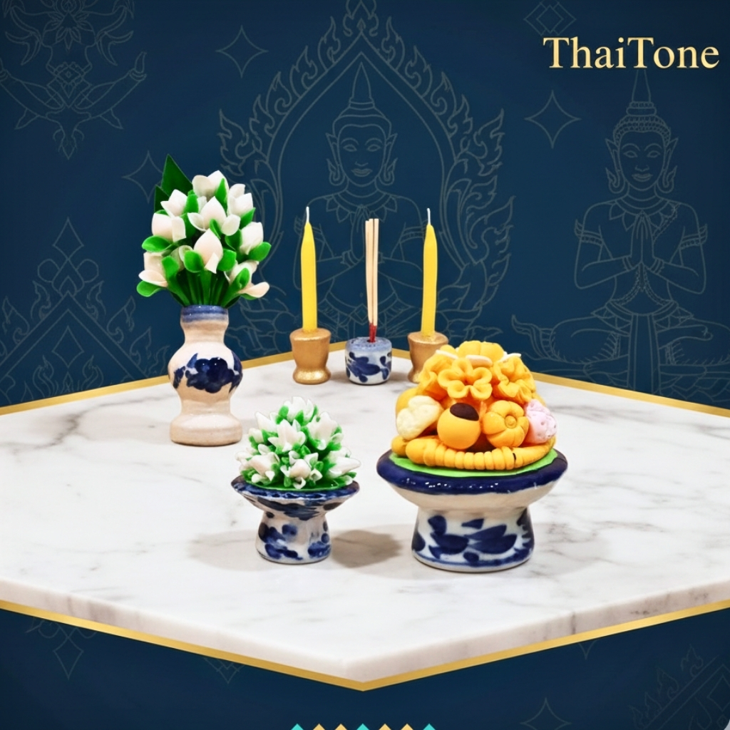 ของไหว้หิ้งพระ ง่าย สวยงาม ทนทาน ไม่เน่าเสีย แจกันดอกไม้ พานผลไม้ดินปั้น tawai01