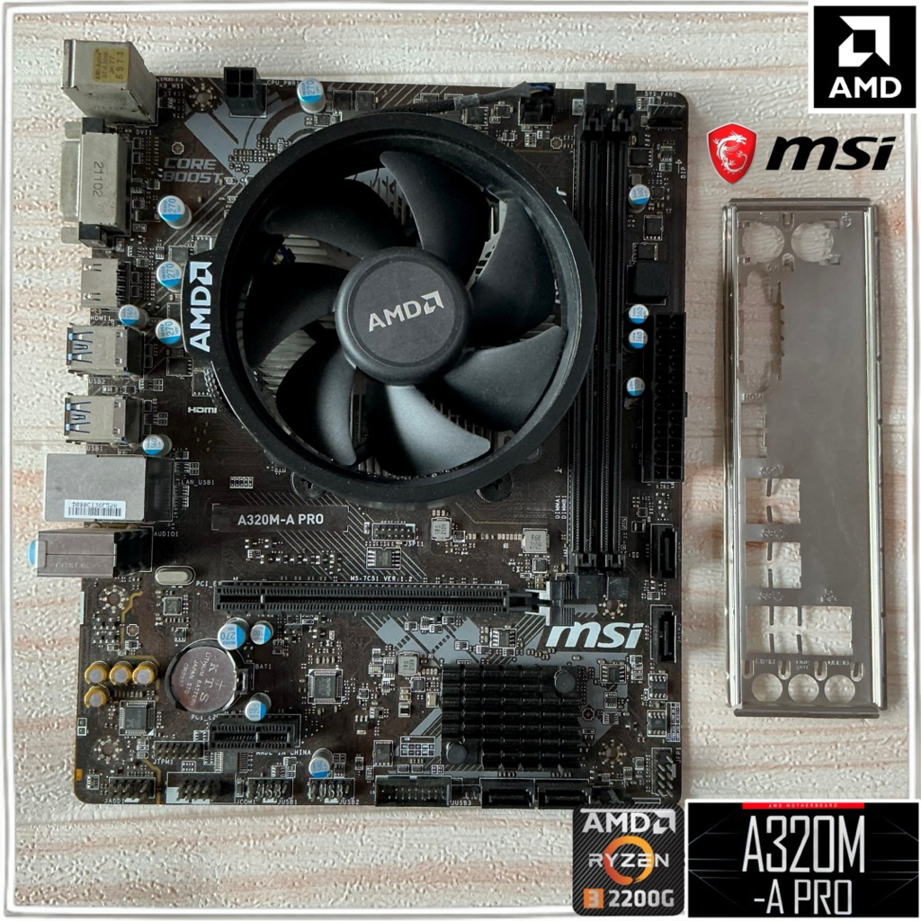 MB & CPU 🛑 A320m A-Pro MSI และ Ryzen 3 2200g บอร์ดมีฝาหลัง พร้อมซิงค์ลม🛑 Socket AM4 มีออนบอร์ด
