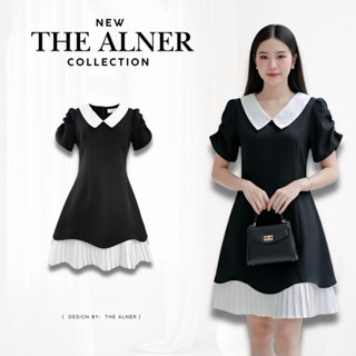 Thealner-AN398 (เดรสดำคอปกขาวแขนแต่งจีบชายพลีท)