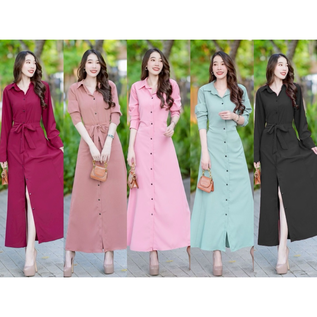 เดรสปกเชิ้ตแขนยาวสีคลาสสิค ติดกระดุมด้านหน้าเปิดได้ มีโบว์ผูกเอว กระโปรงทรงยาวบานกำลังสวย