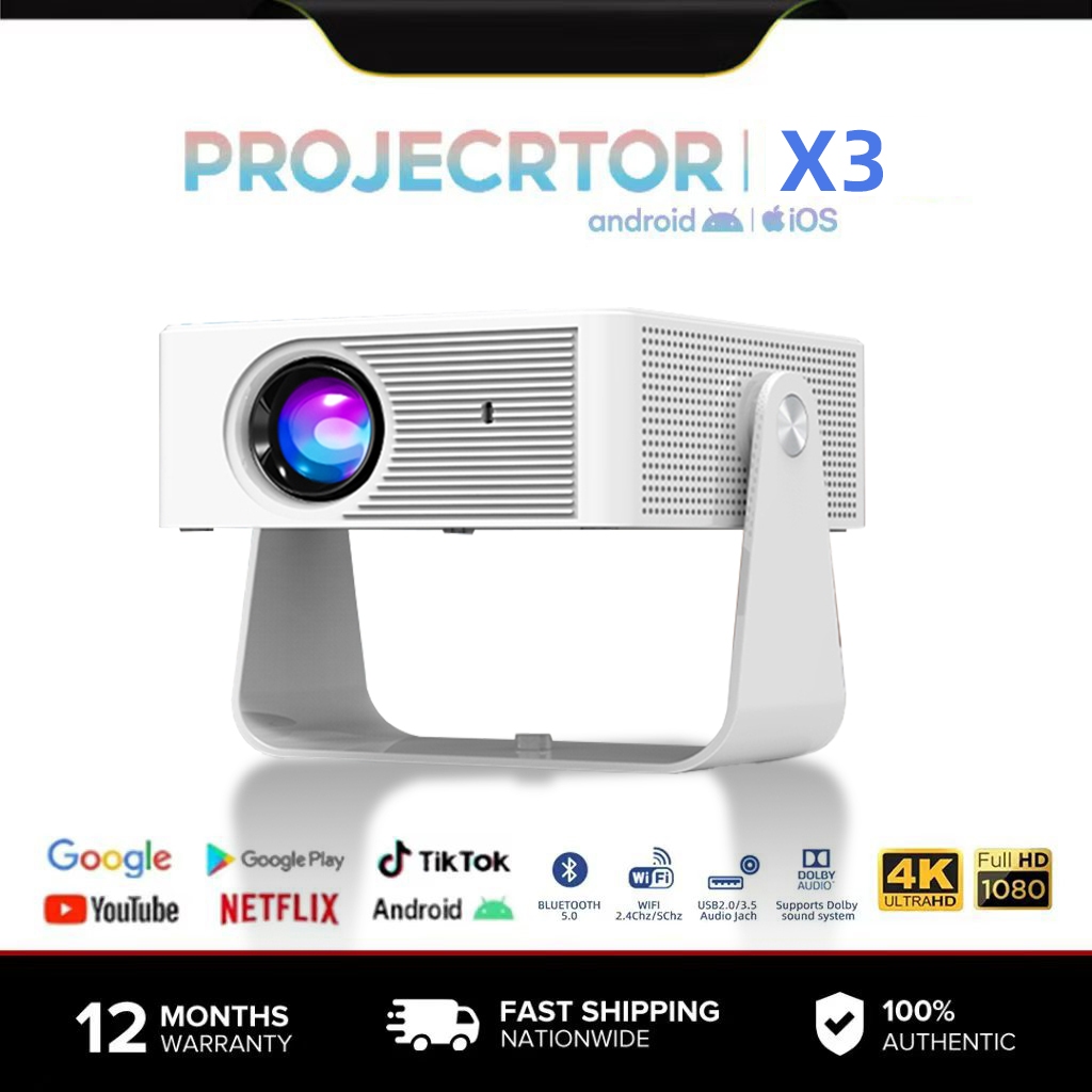 โปรเจคเตอร์ X3 พร้อม WiFi และบลูทู ธ พื้นเมือง 1080P โปรเจคเตอร์กลางแจ้งแบบพกพาสนับสนุนสำหรับ HDMI / USB / โทรศัพท์ / แล