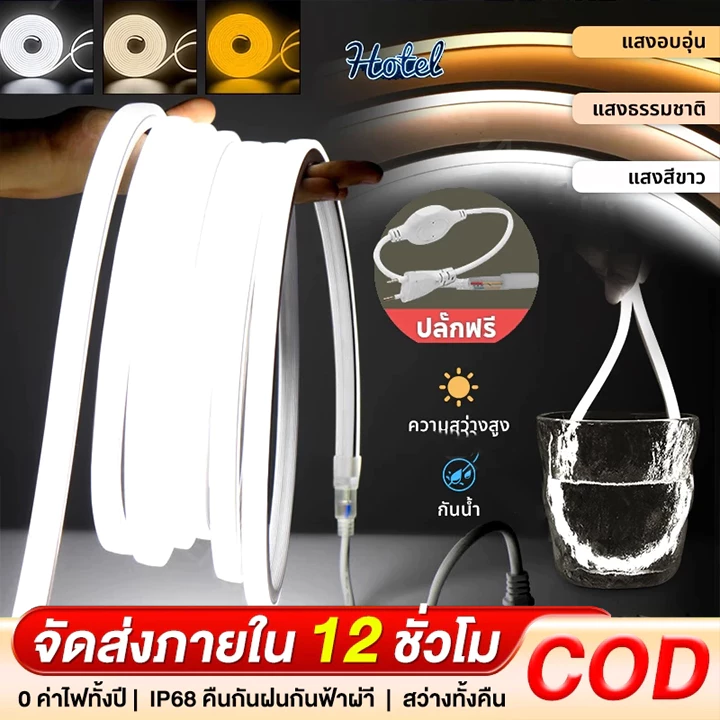 ไฟแถบนีออน Neon Flex LED ดัดงอได้ ยาว3/15/30ม สีสวยกันน้ำแรงดัน 220V เหมาะแก่การตกแต่งบ้าน ต่อปลั๊กให้พร้อมใช้งาน