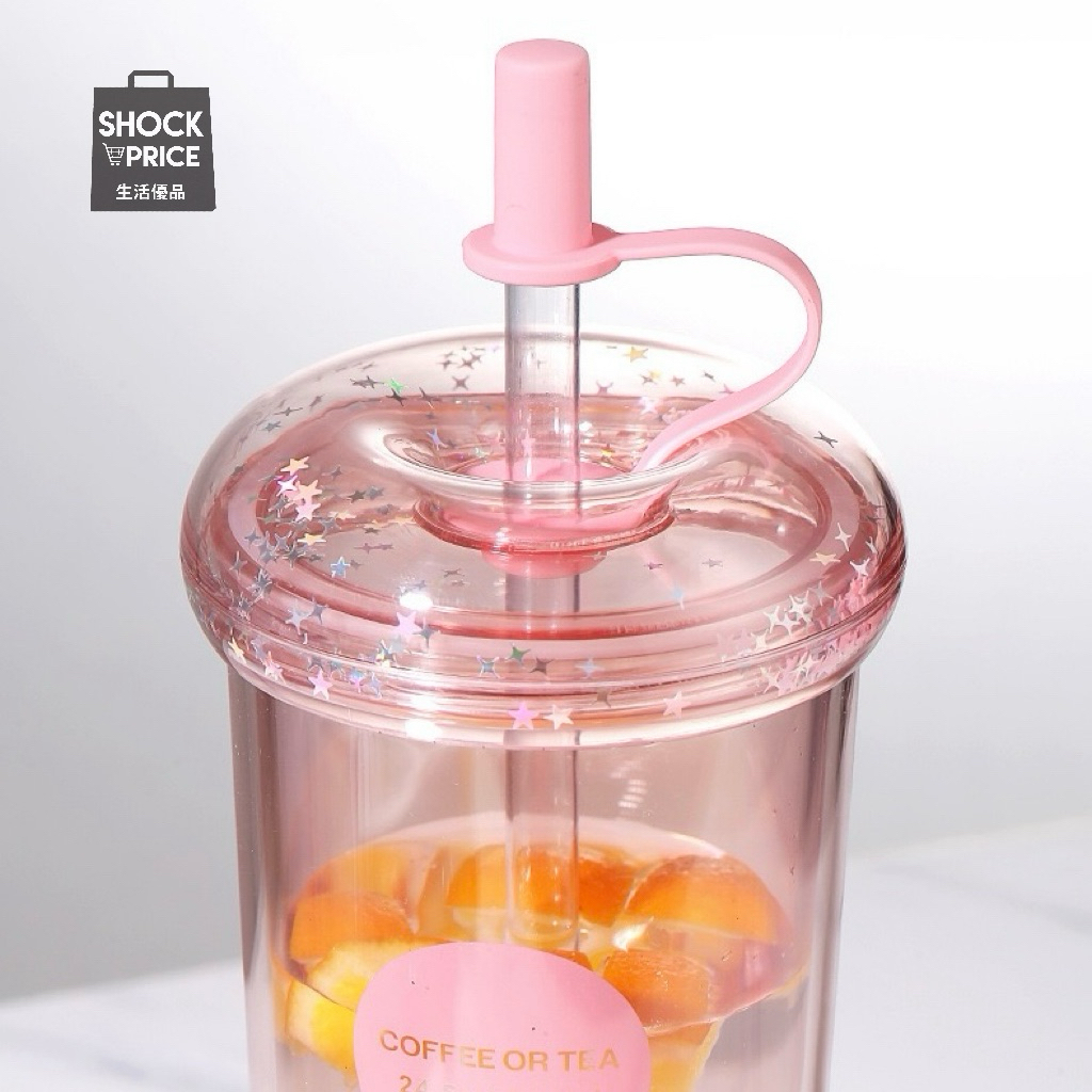 แก้วน้ำ 2 ชั้น 700 ml มีหลอด พร้อมฝาปิด แก้วพลาสติกทนร้อน ใส่วางในรถได้