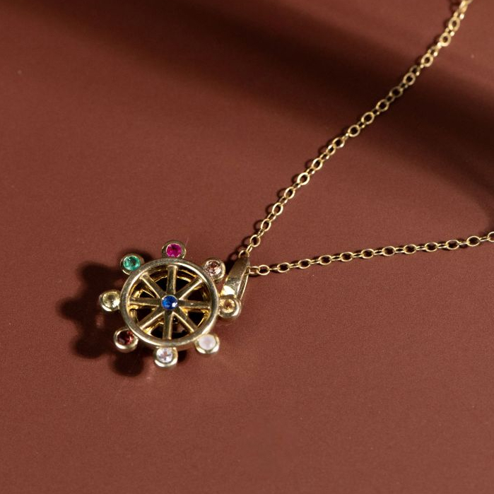 Vachana - 9 Gems Spinning Dharma Wheel Necklace (สร้อยนพเก้าวงล้อหมุนธรรมจักร สร้อยคอเงินแท้ 92.5%)