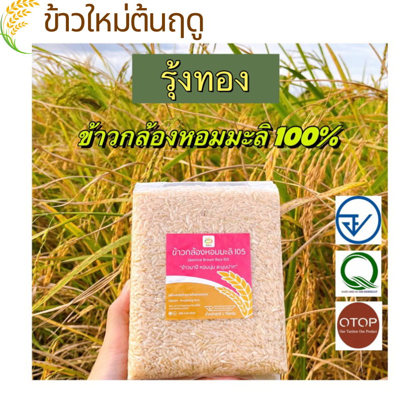 รุ้งทอง ข้าวใหม่ต้นฤดู ข้าวกล้องหอมมะลิแท้ 100%พันธุ์ดอกมะลิ 105  ข้าวปลอดสาร ข้าวนาปี ขนาด 1 กก.