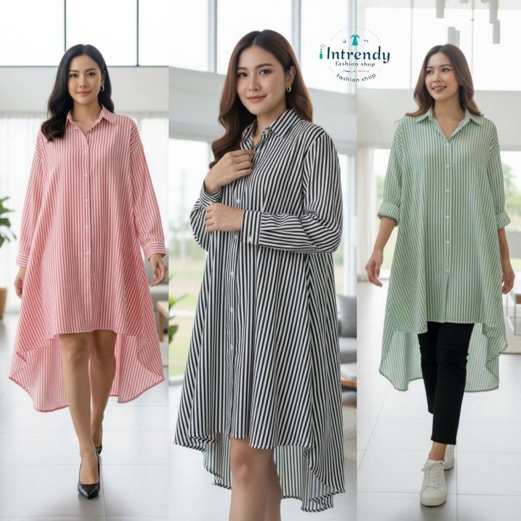 พร้อมส่ง.เดรสเชิ้ตOver size ลายทางสาวอวบ03 ไซส์ใหญ่(หน้าผ้า 50) รอบอก 32 - 48 นิ้ว.ใส่ได้ ใส่สวย.