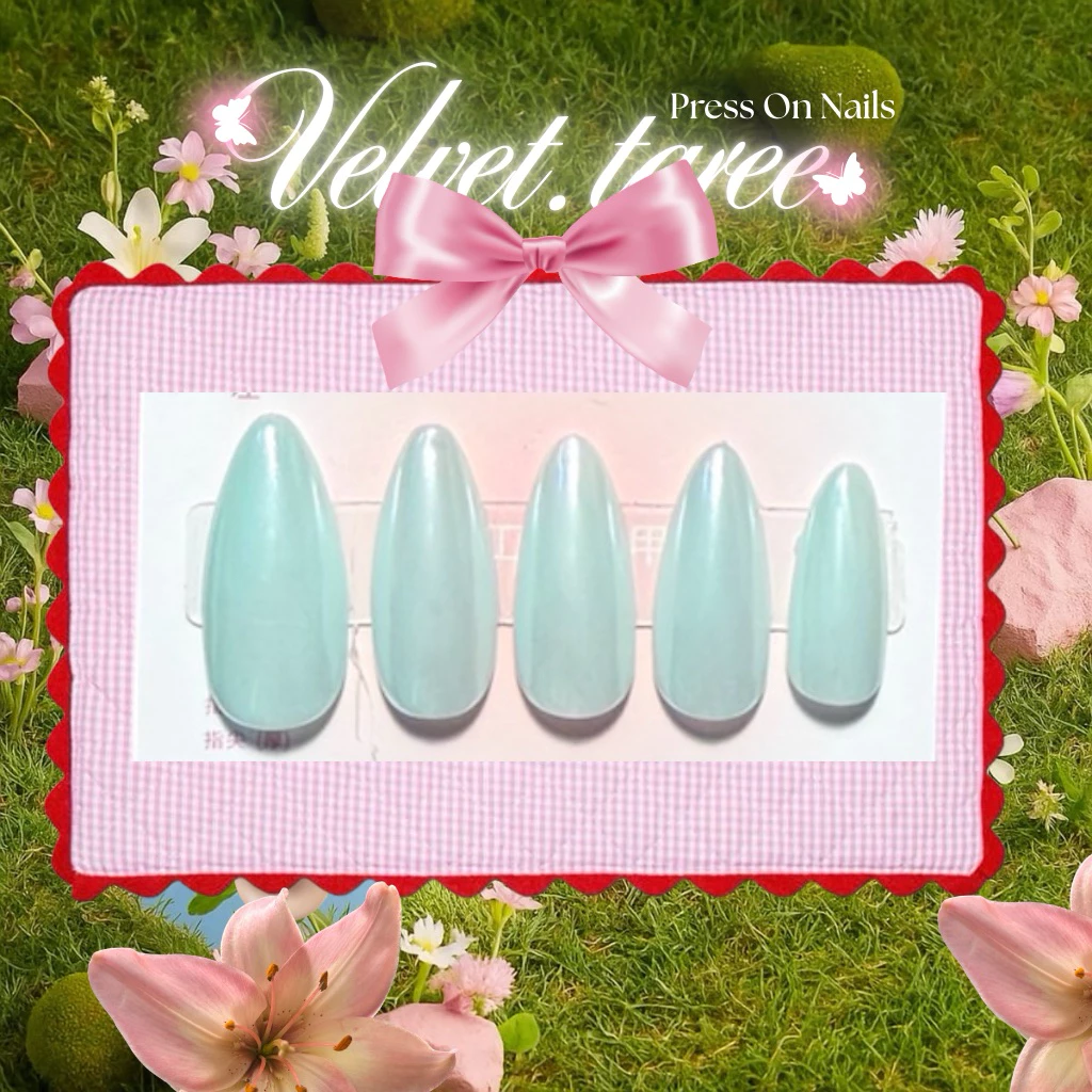 ลงลายใหม่ 🧵 เล็บสีฟ้าขัดผง เล็บปลอมสำเร็จรูป 10 นิ้ว 💅 แถมฟรีอุปกรณ์ติดเล็บ กาว ตะไบ ไม้ดัน แอลกอฮอล์ ครบชุด 👀🍅
