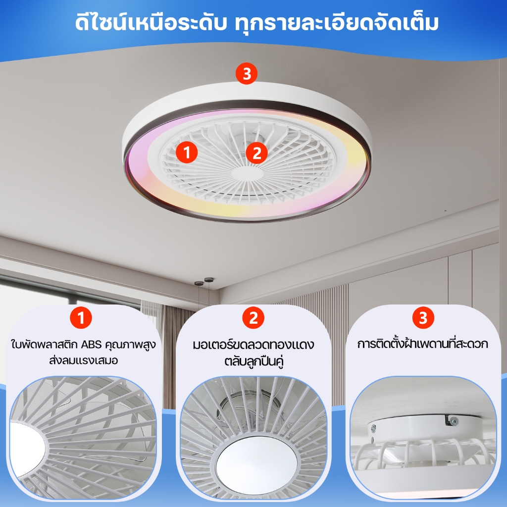 Hitel รับประกันมอเตอร์ 5 ปี พัดลมเพดาน 19 นิ้ว กึ่งฝังฝ้า พร้อมรีโมท พัดลมใบพัดซ่อน 6 ระดับ 3 สี เหมาะกับห้องนอน/ไฟพัดลม - รูปที่ 6