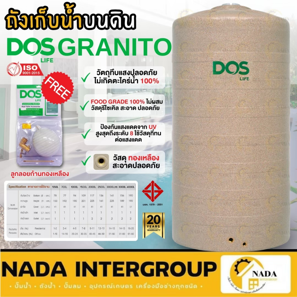DOS ถังเก็บน้ำ บนดิน รุ่น GRANITO ขนาด 1000 ลิตร 2000 ลิตร แกรนิตโต้ สีทราย  ถังเก็บน้ำดอส ถังน้ำ ไม
