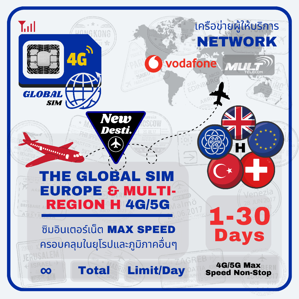 Europe Multi-Region H SIM ซิมสหภูมิภาคและยุโรป Vodafone Multi-Telecom 3 -30 Days 4G/5G Max speed Lim