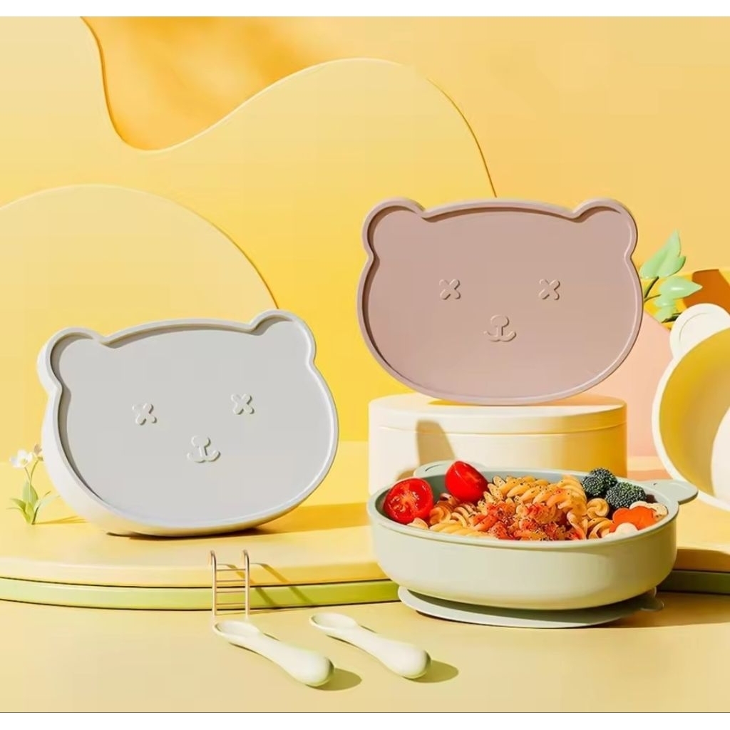 จานซิลิโคนเด็ก พร้อมฝาปิดจาน กันลื่น สำหรับเด็ก หัดทานอาหาร เด็กBLW
