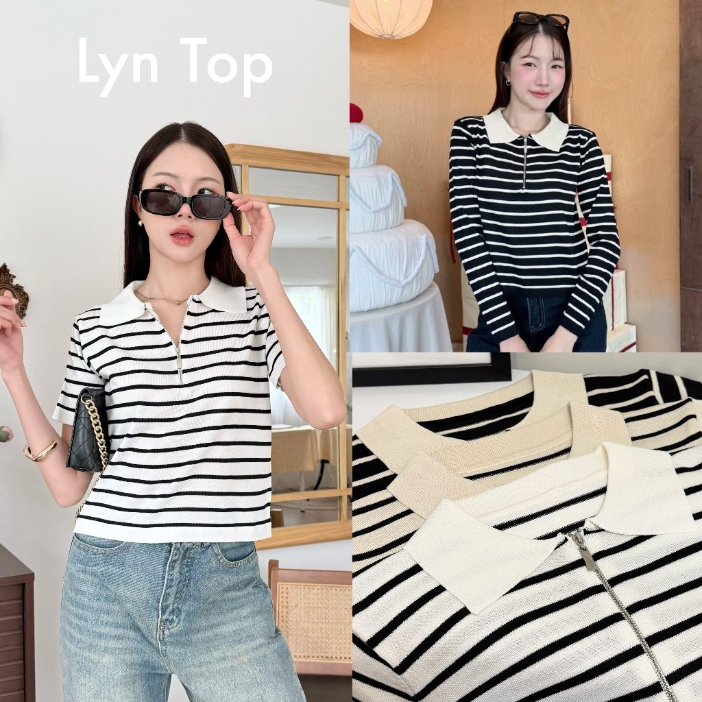 88story.th - Lyn top พร้อมส่ง เสื้อคอปกลายริ้วซิปหน้าแขนสั้น/แขนยาว (อก35-40”)
