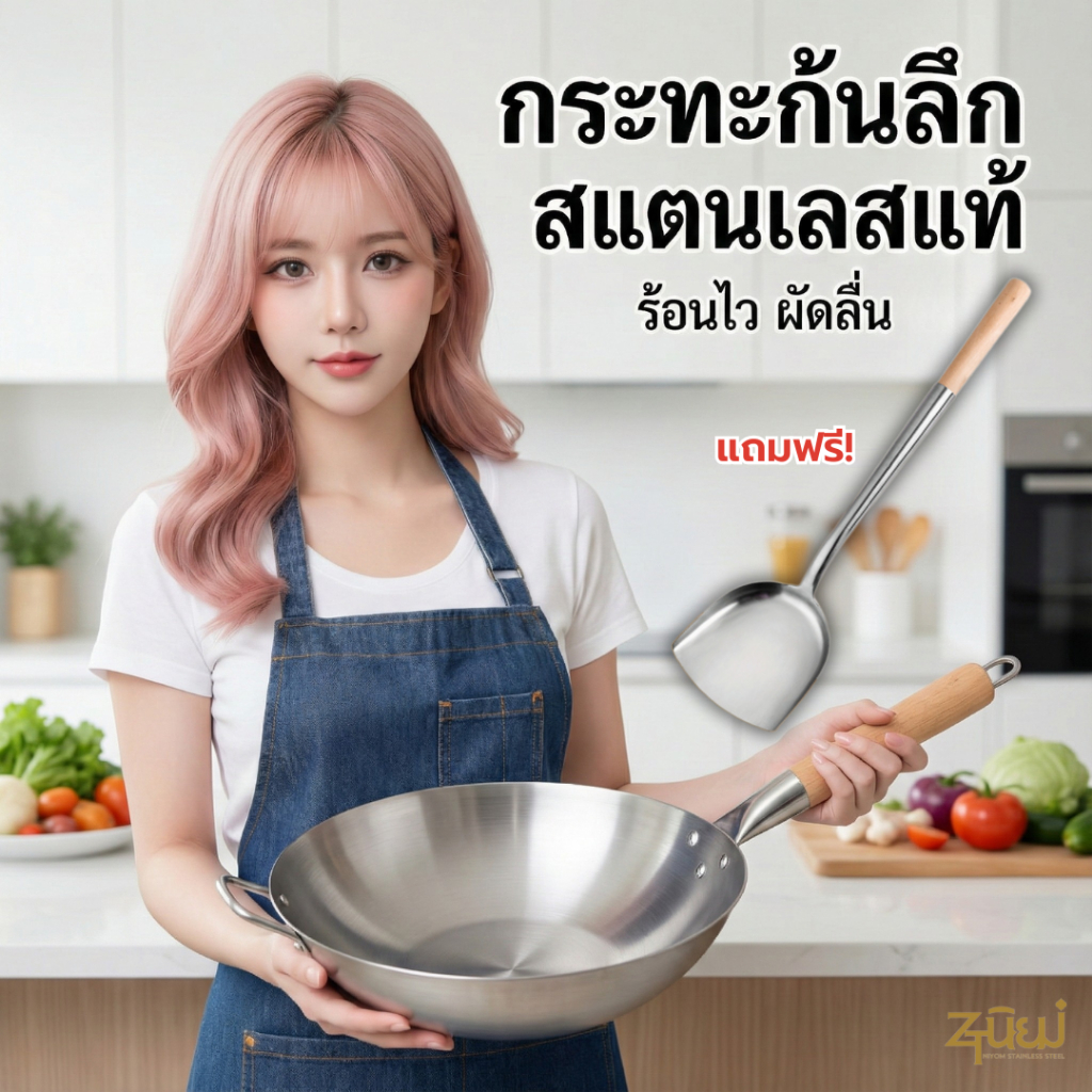 ขายดี กระทะ กระทะด้ามไม้ กะทะก้นลึก แถมตะหลิวด้ามไม้ มี 9 ขนาด คุณภาพดี พร้อมส่งในไทย