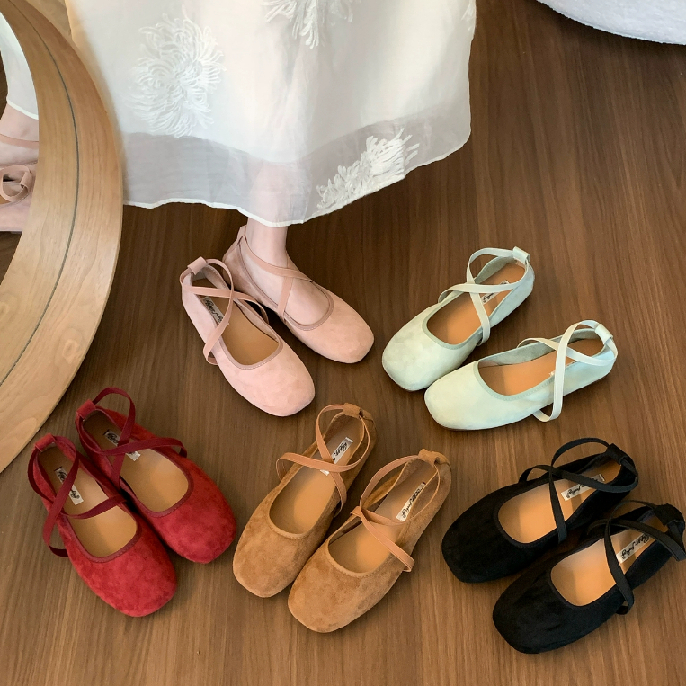 รองเท้าแมรี่เจนส์สำหรับผู้หญิงสุดเก๋ รองเท้าส้นแบนหัวกลม สไตล์บัลเล่ต์ มีให้เลือก 5 สี ไซส์ 35-40